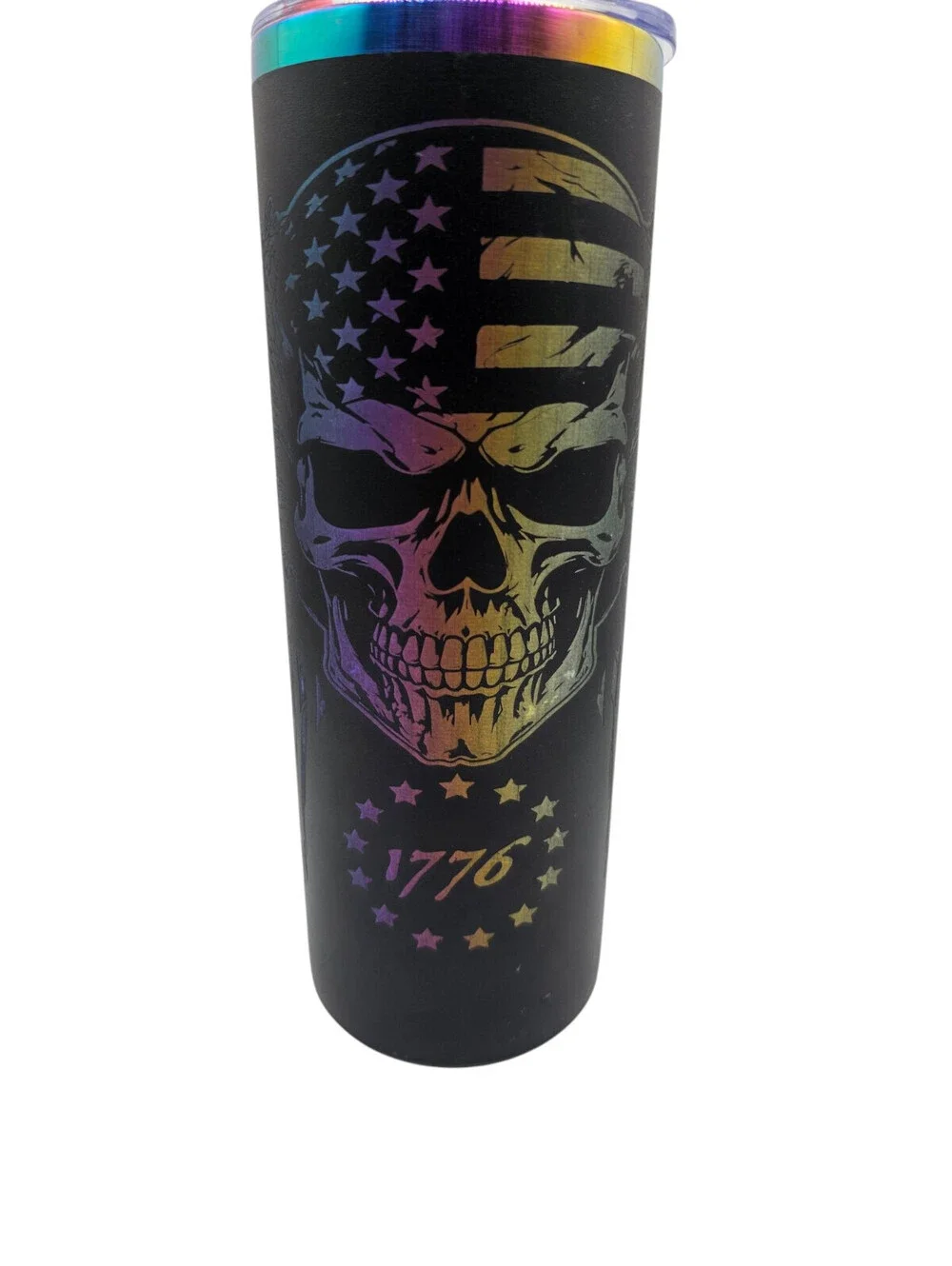 20 oz stainless steel tumbler features a laser-engraved patriotic skull design